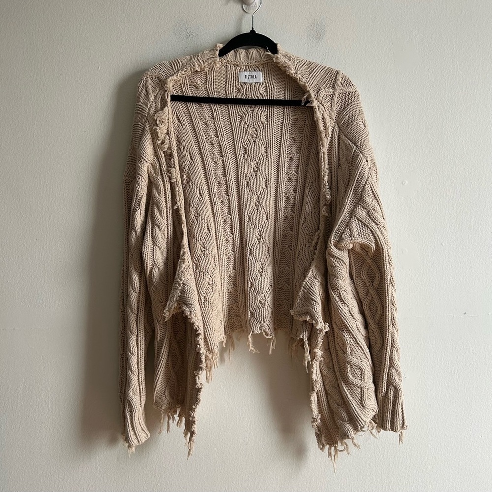 Pistola Sz L Cream Tan Cable Knit Distressed Cascade Cardigan Sweater - Picture 2 of 11